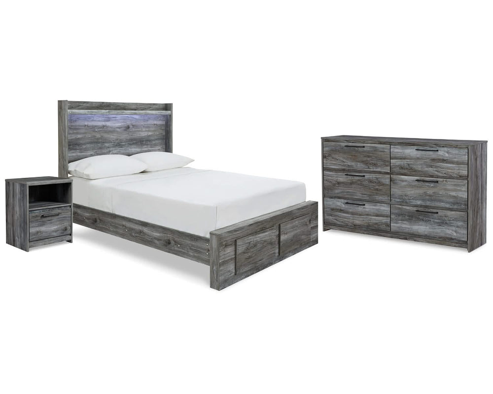 Cama, cómoda y mesita de noche con almacenamiento de paneles completos Baystorm