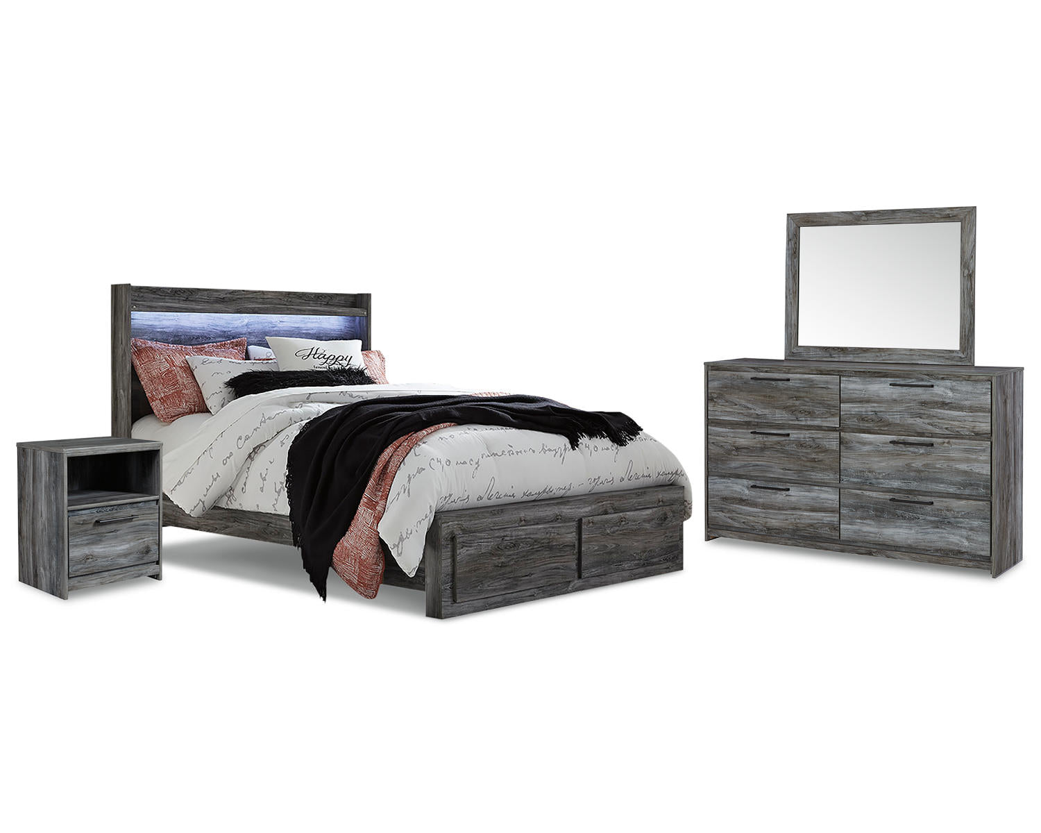 Baystorm Queen Panel Storage Bed with Mirrored Dresser and Nightstand