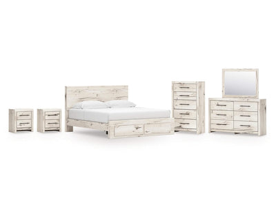 Cama King con almacenamiento Lawroy, tocador, espejo, cómoda y dos mesitas de noche