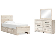 Lawroy Twin Panel Bed with Storage, Dresser and Mirror