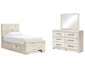 Lawroy Twin Panel Bed with Storage, Dresser and Mirror