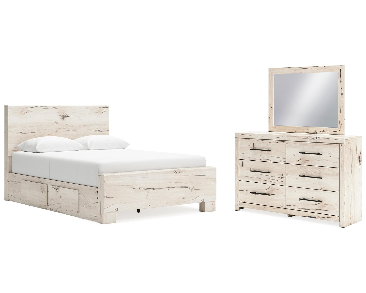 Lawroy Queen Panel Bed with Storage, Dresser and Mirror