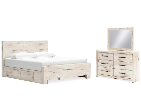 Cama King con paneles Lawroy, espacio de almacenamiento, tocador y espejo