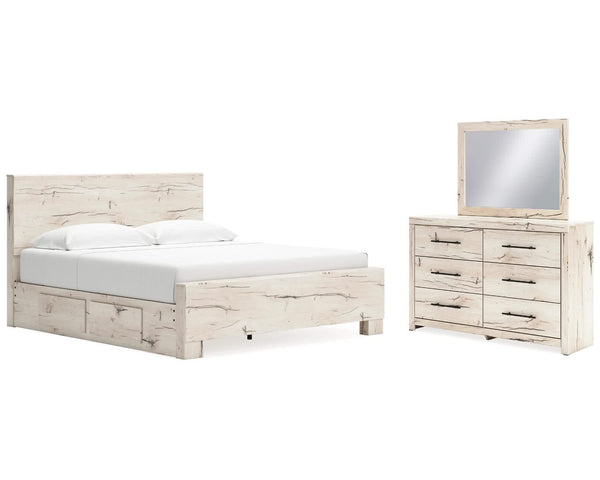 Cama King con paneles Lawroy, espacio de almacenamiento, tocador y espejo