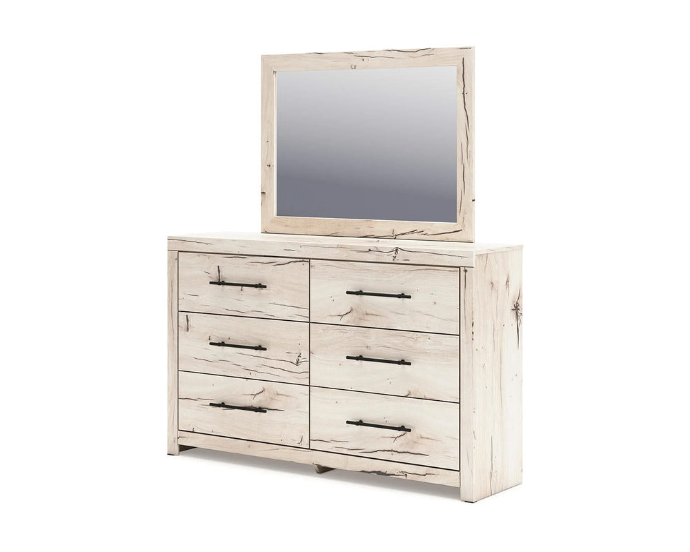 Cama Queen Lawroy con espacio de almacenaje, dos cómodas, espejo y dos mesitas de noche