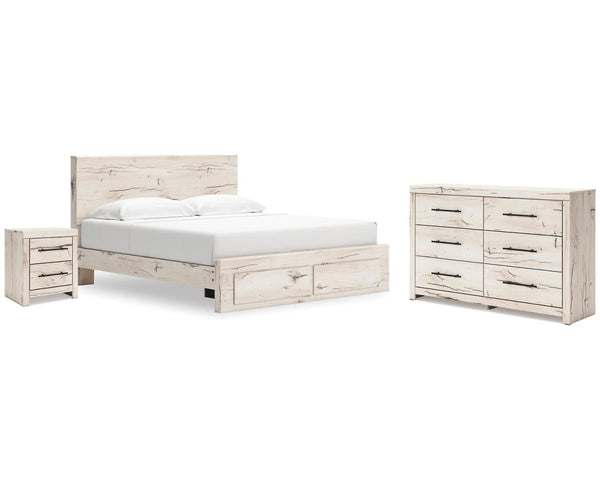 Cama King con almacenaje, cómoda y mesita de noche Lawroy
