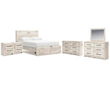 Cama Queen Lawroy con espacio de almacenaje, dos cómodas, espejo y dos mesitas de noche