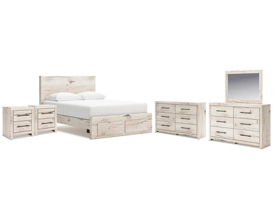 Cama Queen Lawroy con espacio de almacenaje, dos cómodas, espejo y dos mesitas de noche