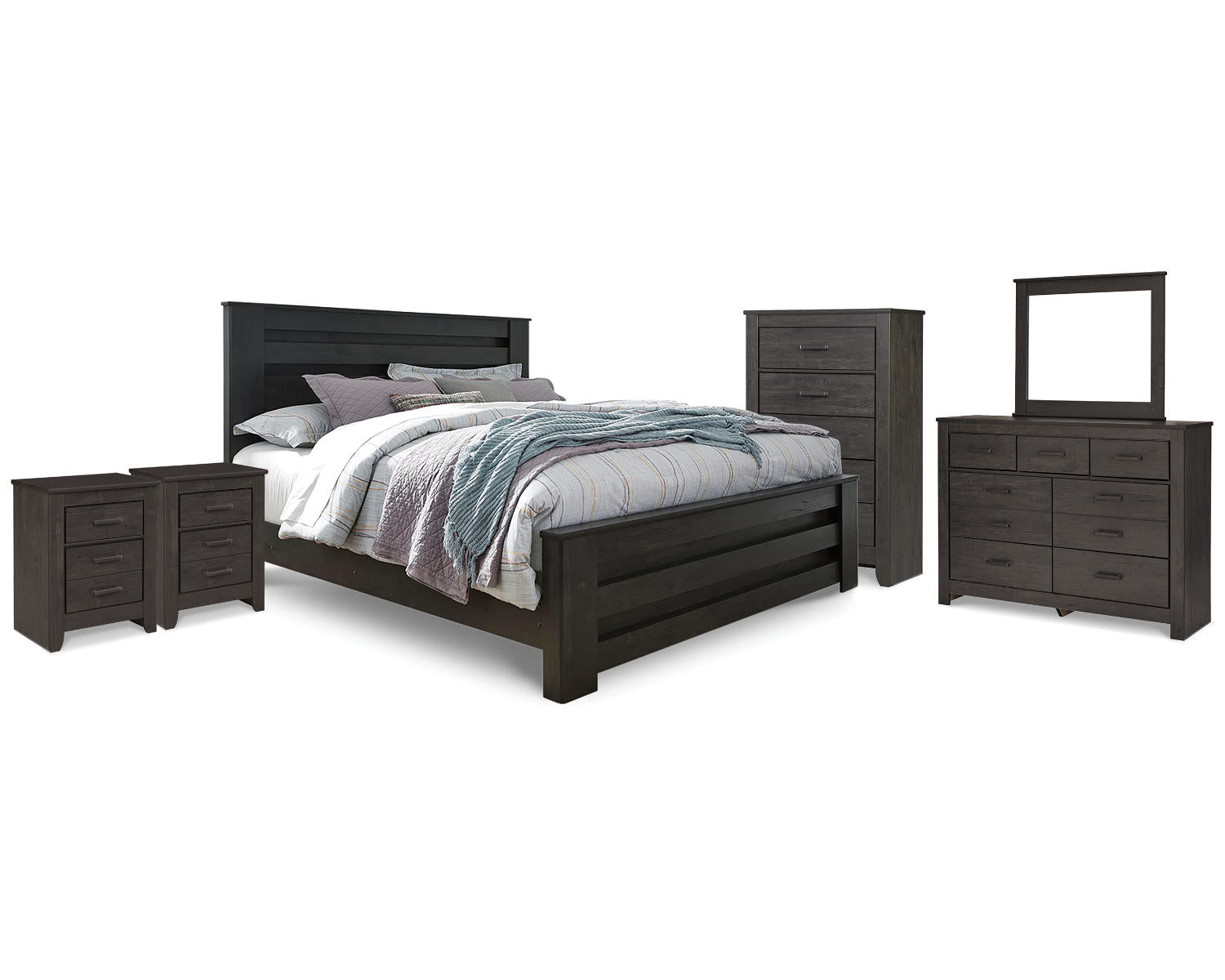 Brinxton King Panel Bed, Dresser Mirror, Chest and 2 Nightstands