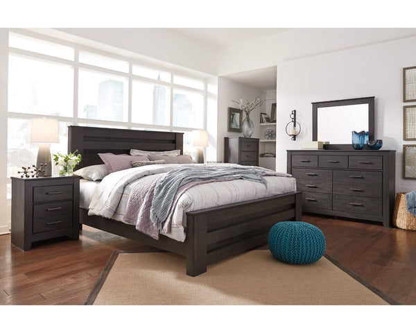 Cama King Brinxton con paneles, tocador, espejo, cómoda y mesita de noche