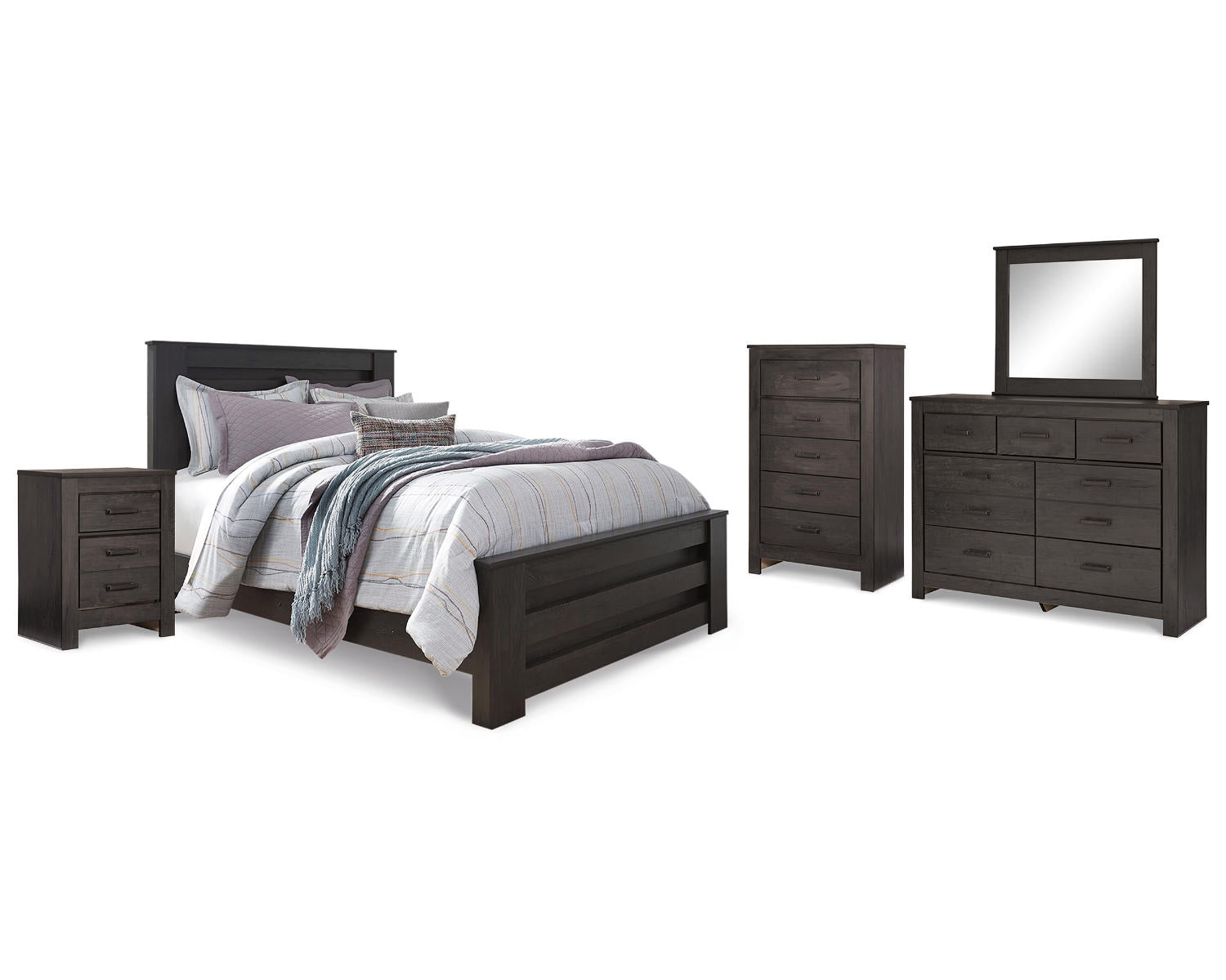 Brinxton Queen Panel Bed, Dresser, Mirror, Chest and Nightstand