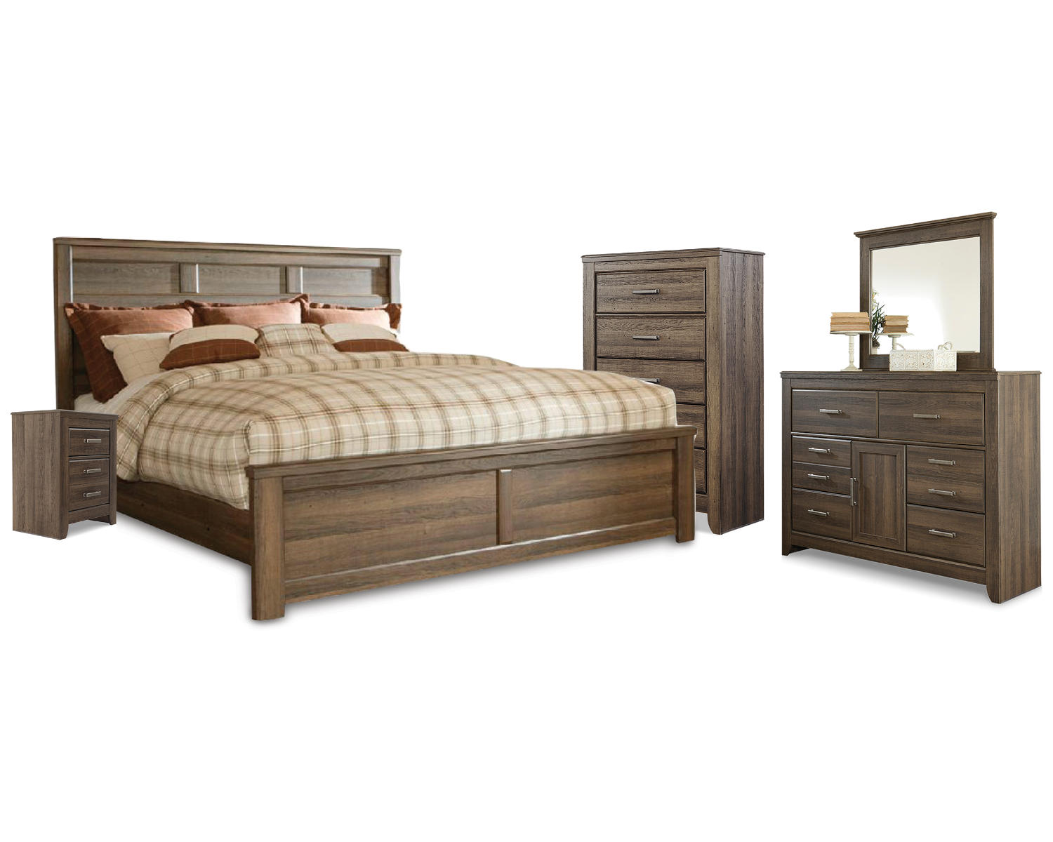 Juararo California King Panel Bed, Dresser, Mirror, Chest and Nightstand
