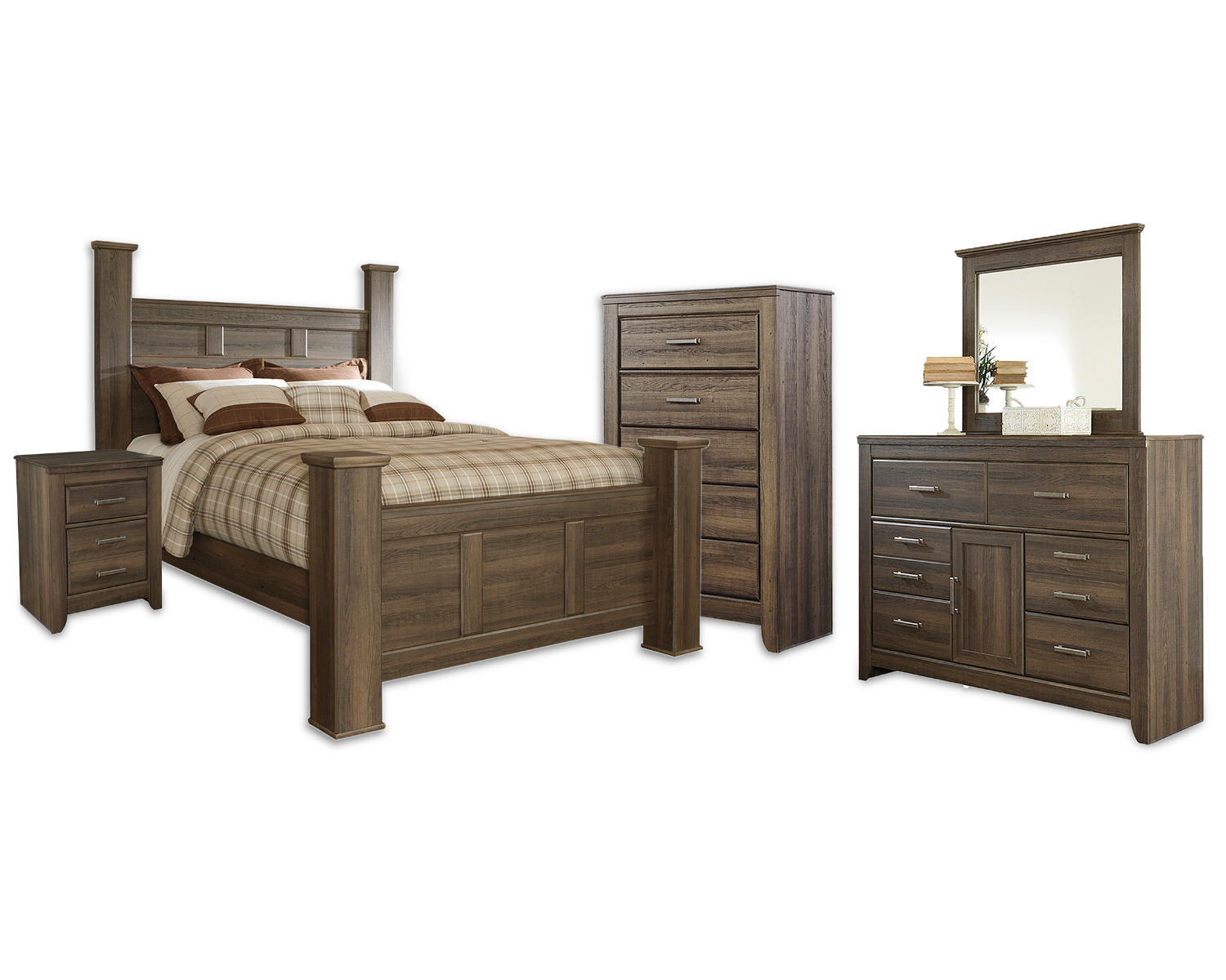Juararo Queen Poster Bed, Dresser, Mirror, Chest and Nightstand