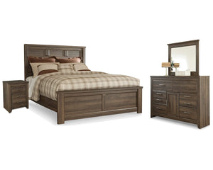 Cama Queen Juararo con paneles, tocador, espejo y mesita de noche