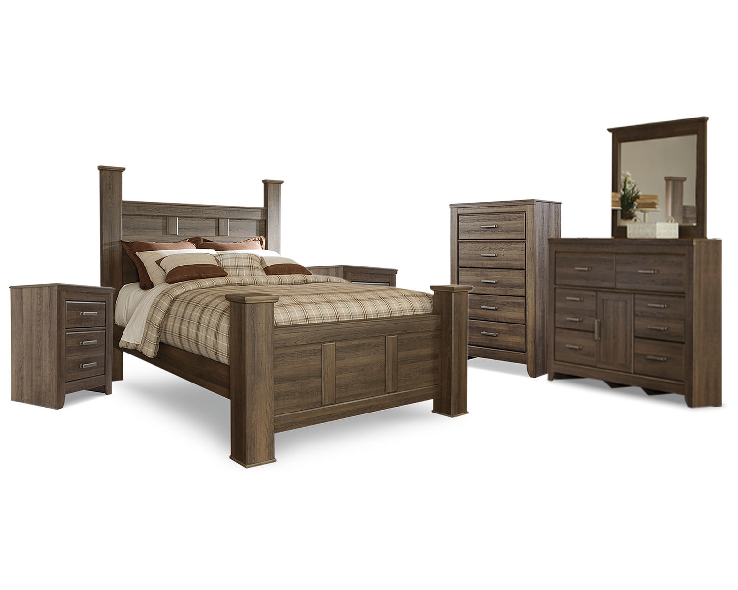 Juararo Queen Poster Bed, Dresser, Mirror, Chest and 2 Nightstands