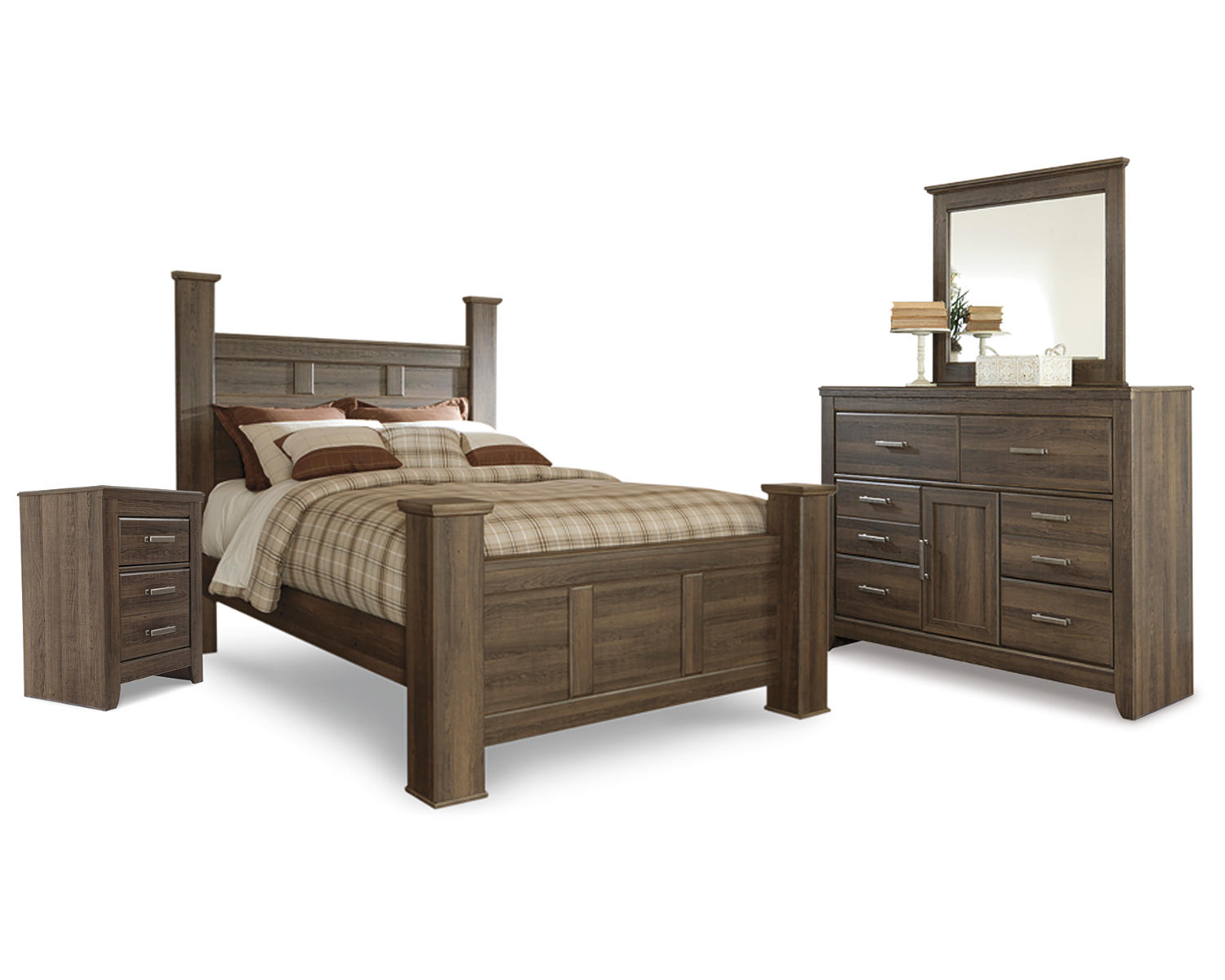 Juararo Queen Poster Bed with Mirrored Dresser and Nightstand
