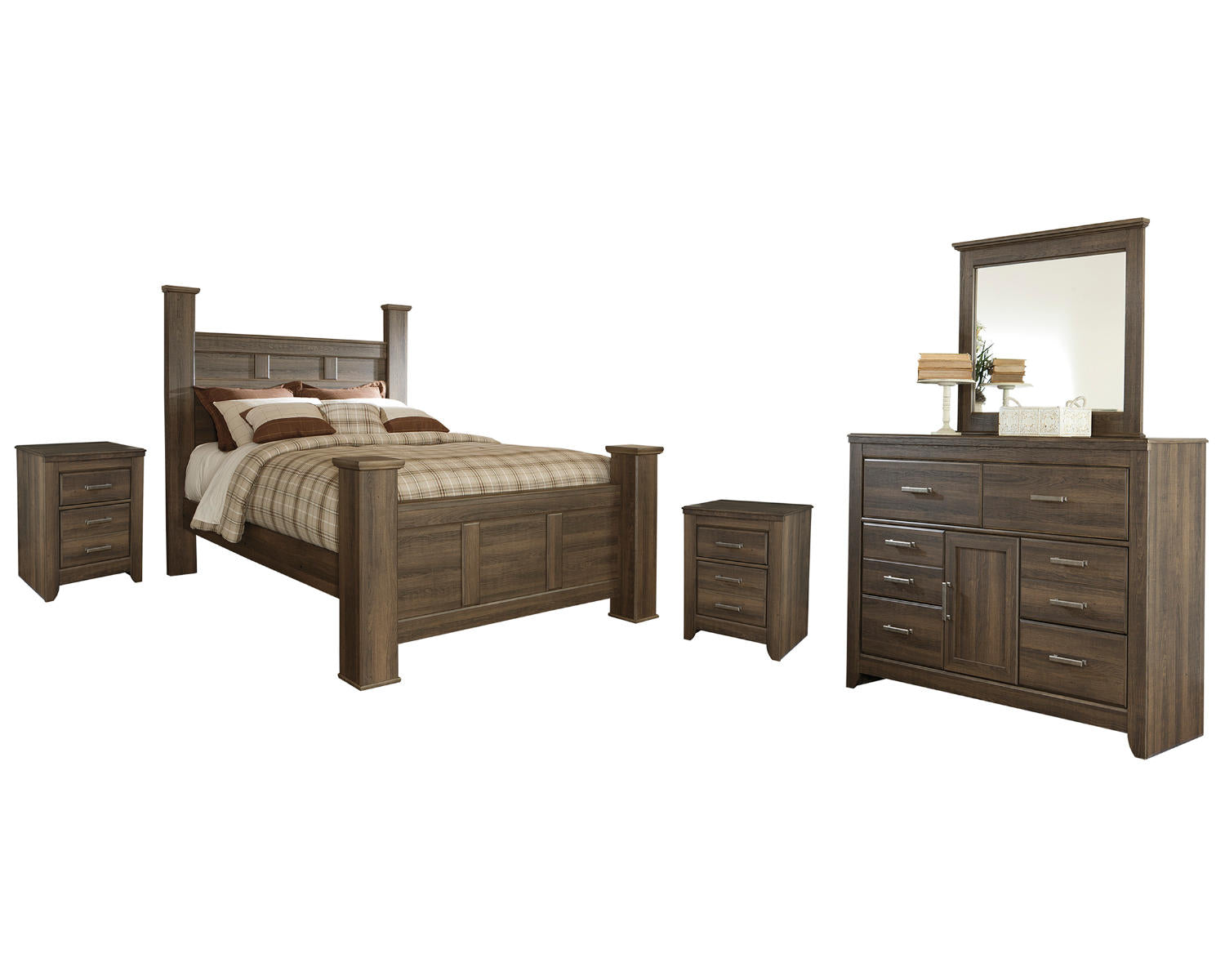 Juararo Queen Poster Bed with Mirrored Dresser and 2 Nightstands