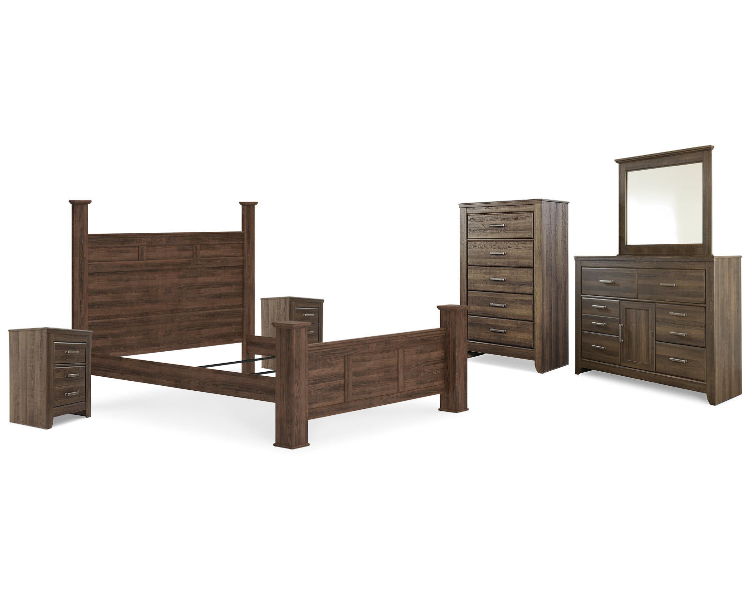 Juararo California King Poster Bed, Dresser, Mirror, Chest and 2 Nightstands