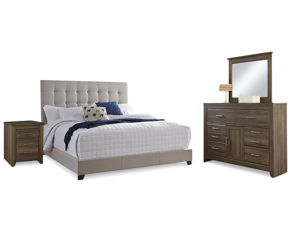 Dolante Queen Upholstered Bed, Dresser, Mirror and Nightstand