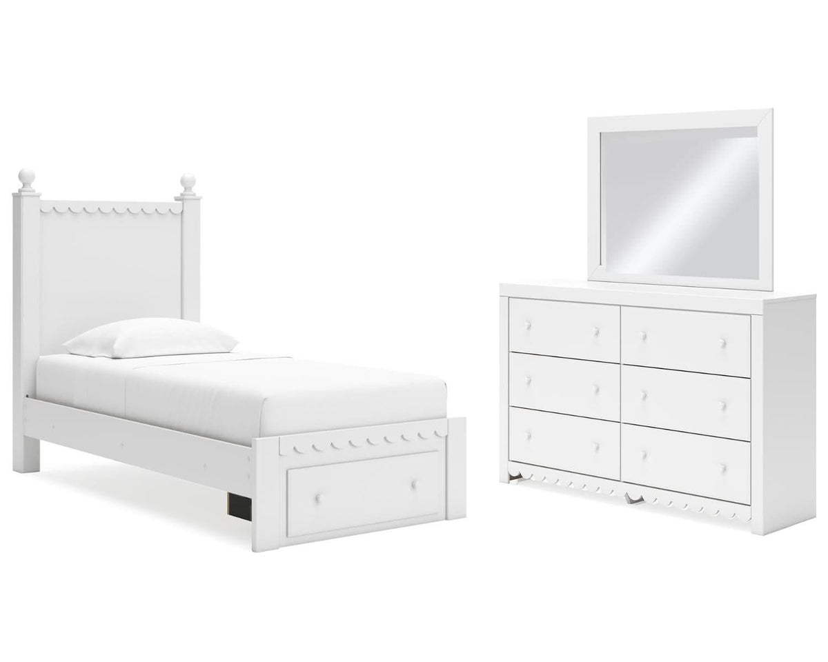 Mollviney Twin Panel Storage Bed, Dresser and Mirror