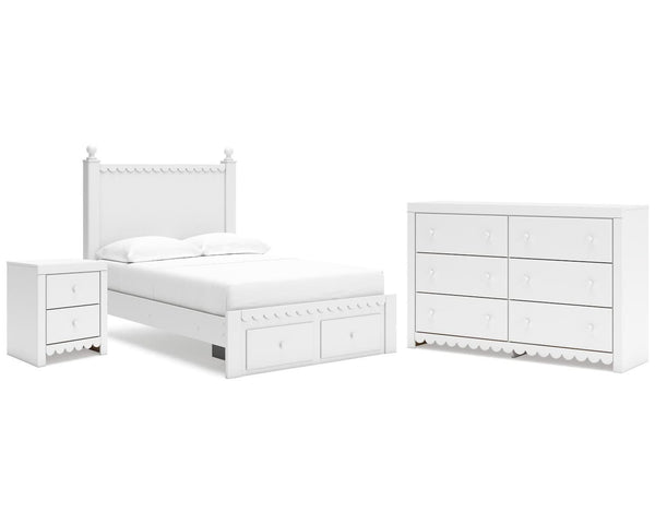 Cama, cómoda y mesita de noche Mollviney con almacenamiento de paneles completos