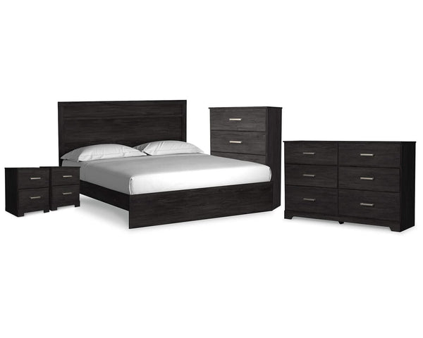 Cama King Belachime con paneles, cómoda, arcón y dos mesitas de noche