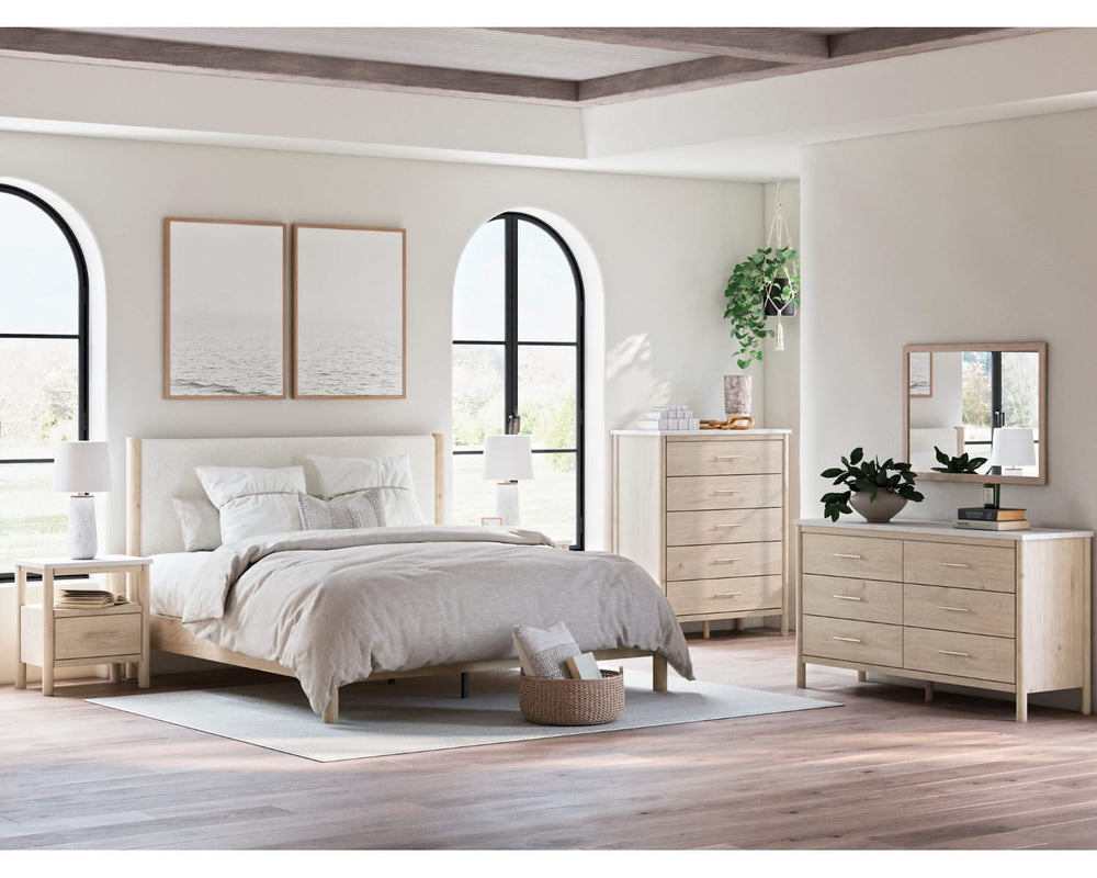 Cadmori King Upholstered Panel Bed, Dresser and Nightstand