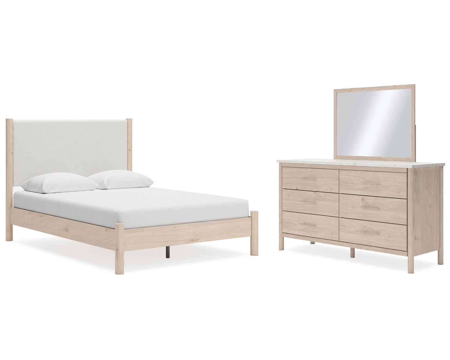 Cadmori Queen Upholstered Panel Bed, Dresser and Mirror