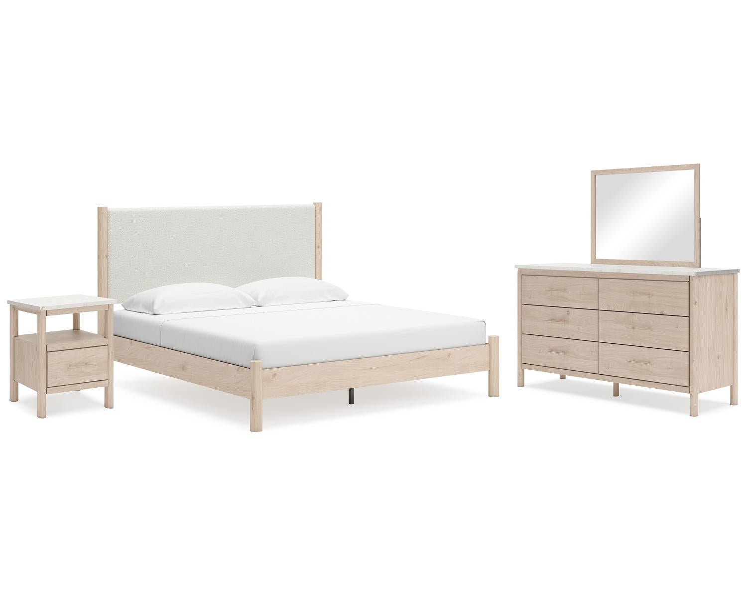 Cadmori King Upholstered Panel Bed, Dresser, Mirror and Nightstand