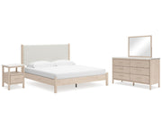Cadmori King Upholstered Panel Bed, Dresser, Mirror and Nightstand