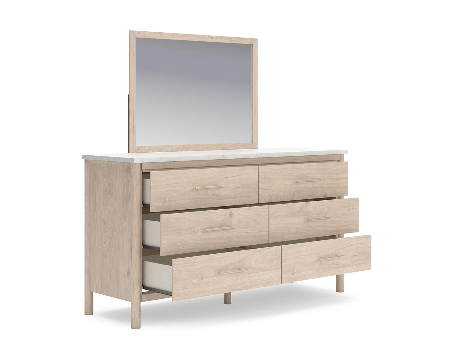 Cadmori Queen Upholstered Panel Bed, Dresser and Mirror