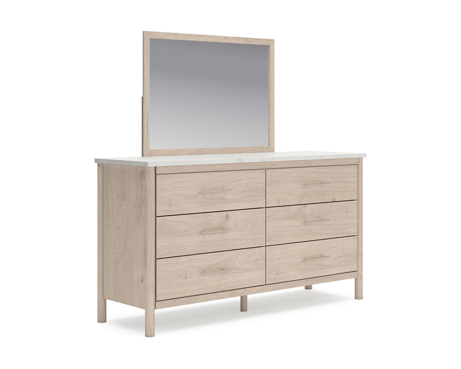 Cadmori King Upholstered Panel Bed, Dresser, Mirror and Nightstand