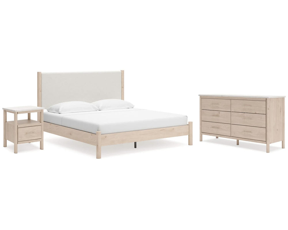 Cadmori King Upholstered Panel Bed, Dresser and Nightstand