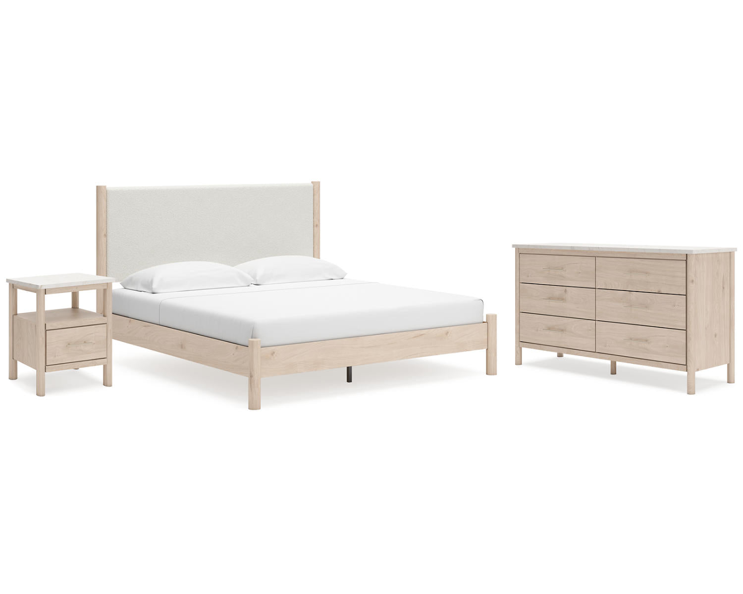 Cadmori King Upholstered Panel Bed, Dresser and Nightstand