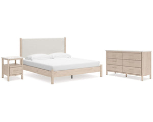 Cadmori King Upholstered Panel Bed, Dresser and Nightstand