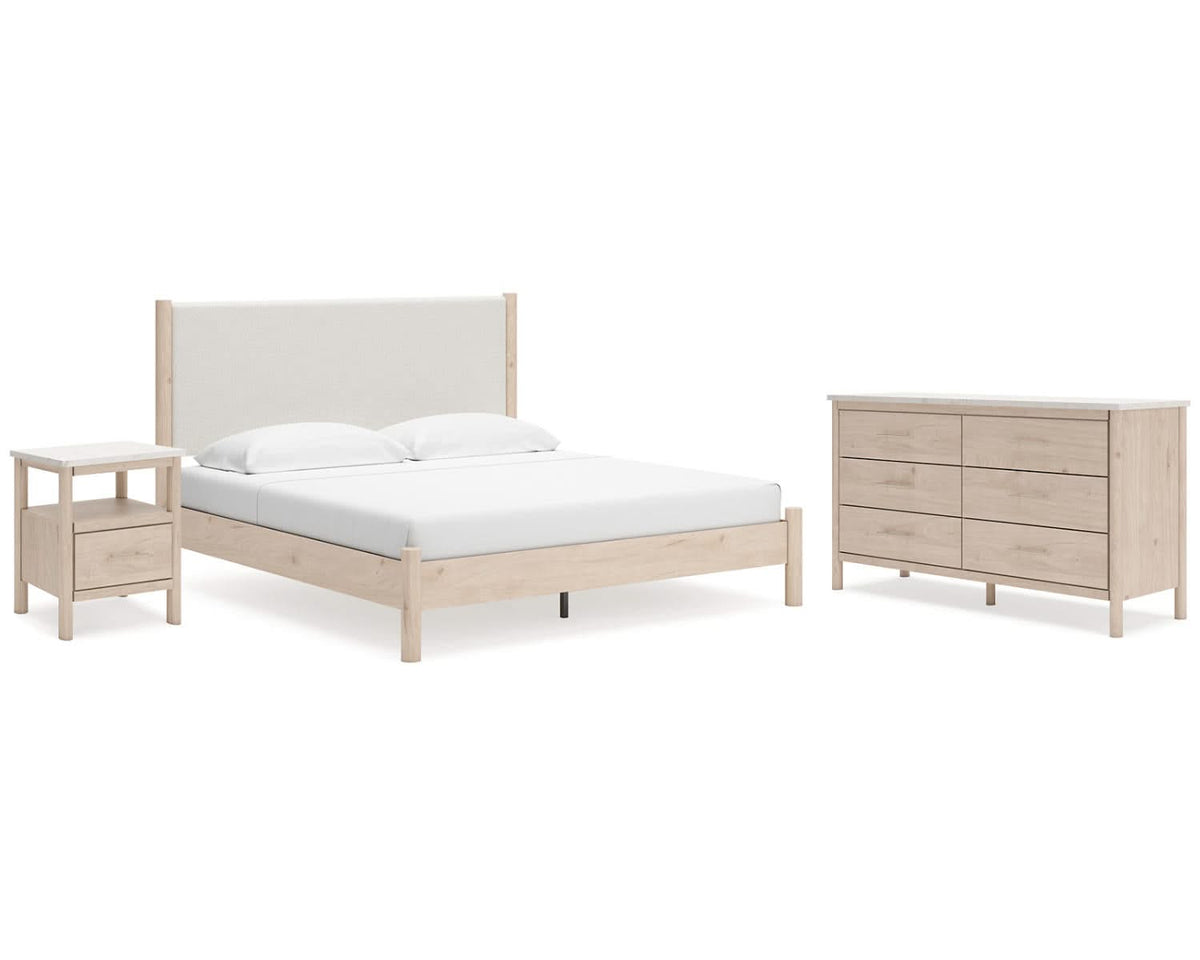 Cadmori King Upholstered Panel Bed, Dresser and Nightstand