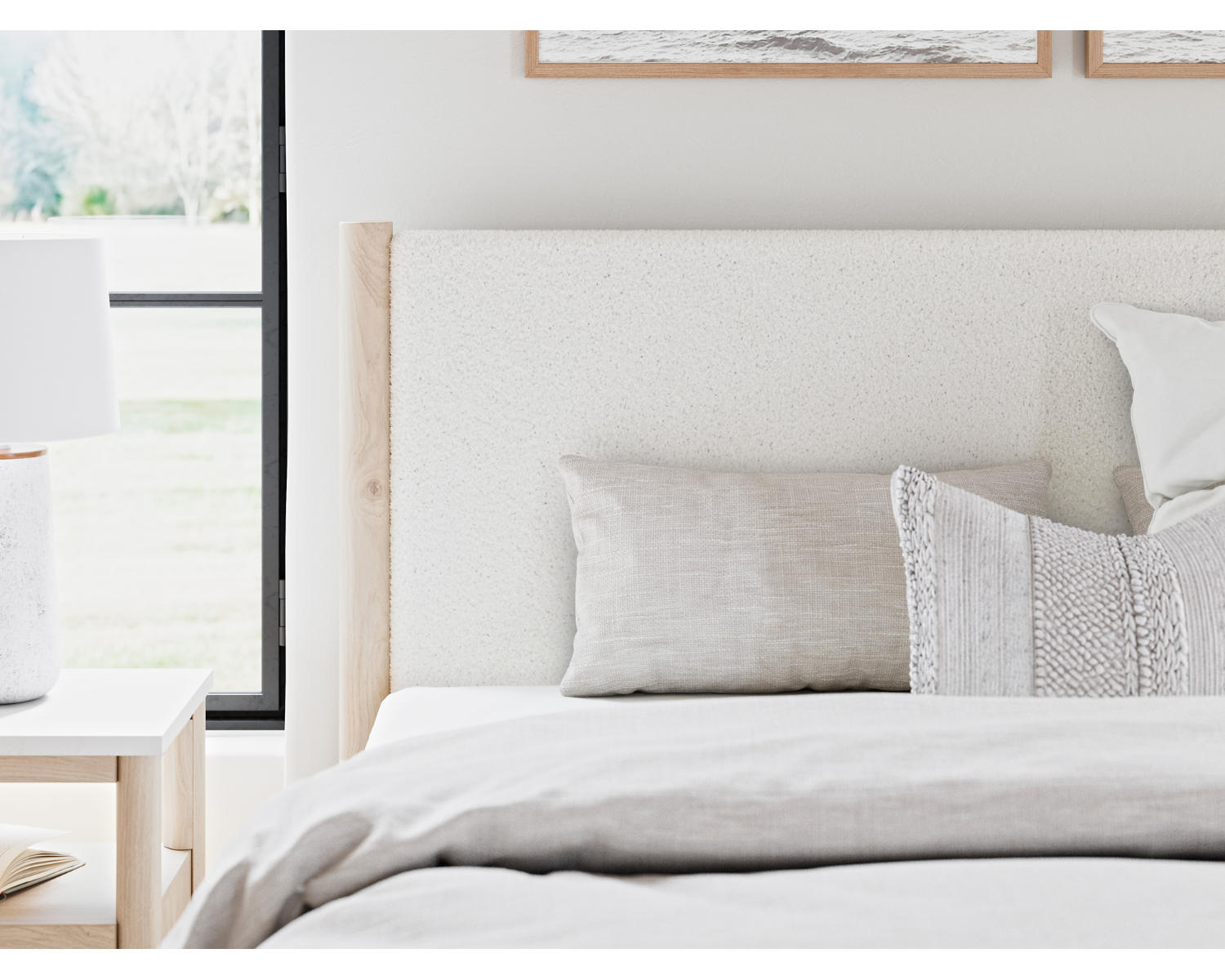 Cadmori King Upholstered Panel Bed, Dresser, Mirror and Nightstand