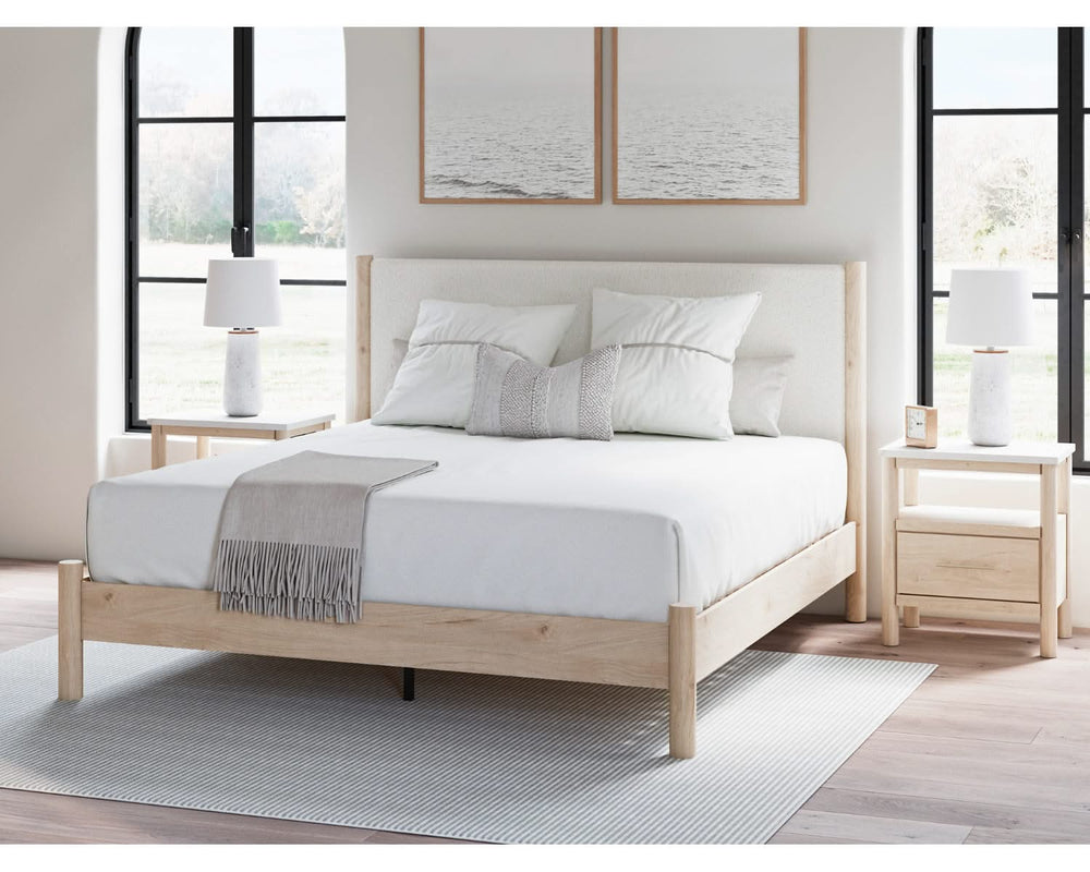 Cadmori King Upholstered Panel Bed, Dresser and Nightstand