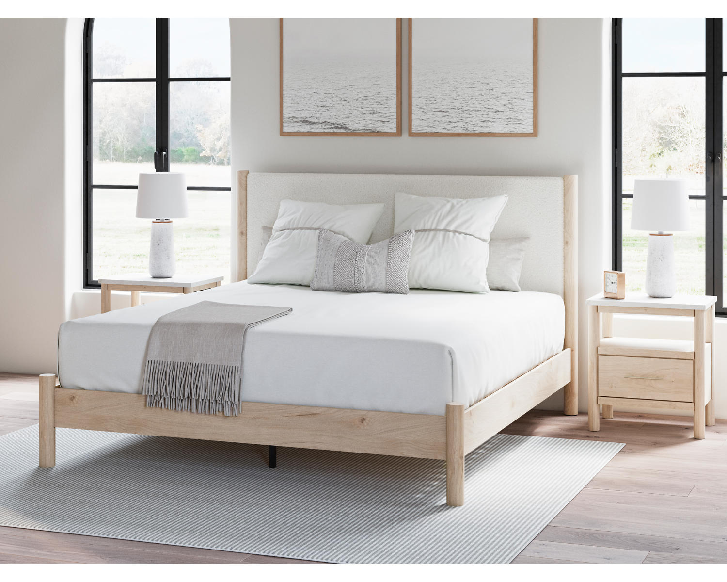 Cadmori King Upholstered Panel Bed, Dresser, Mirror and Nightstand