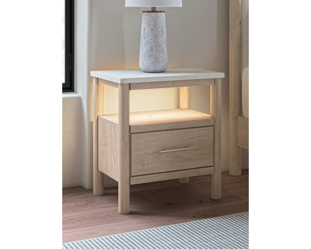 Cadmori King Upholstered Panel Bed, Dresser and Nightstand
