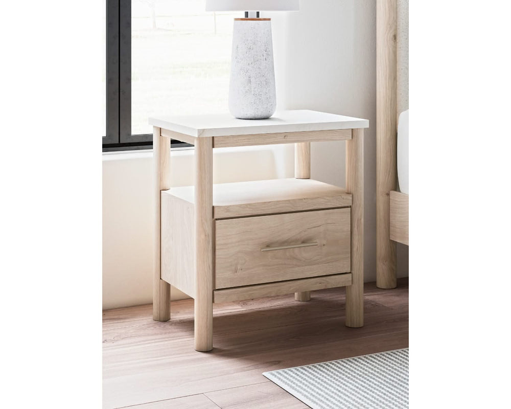 Cadmori King Upholstered Panel Bed, Dresser and Nightstand