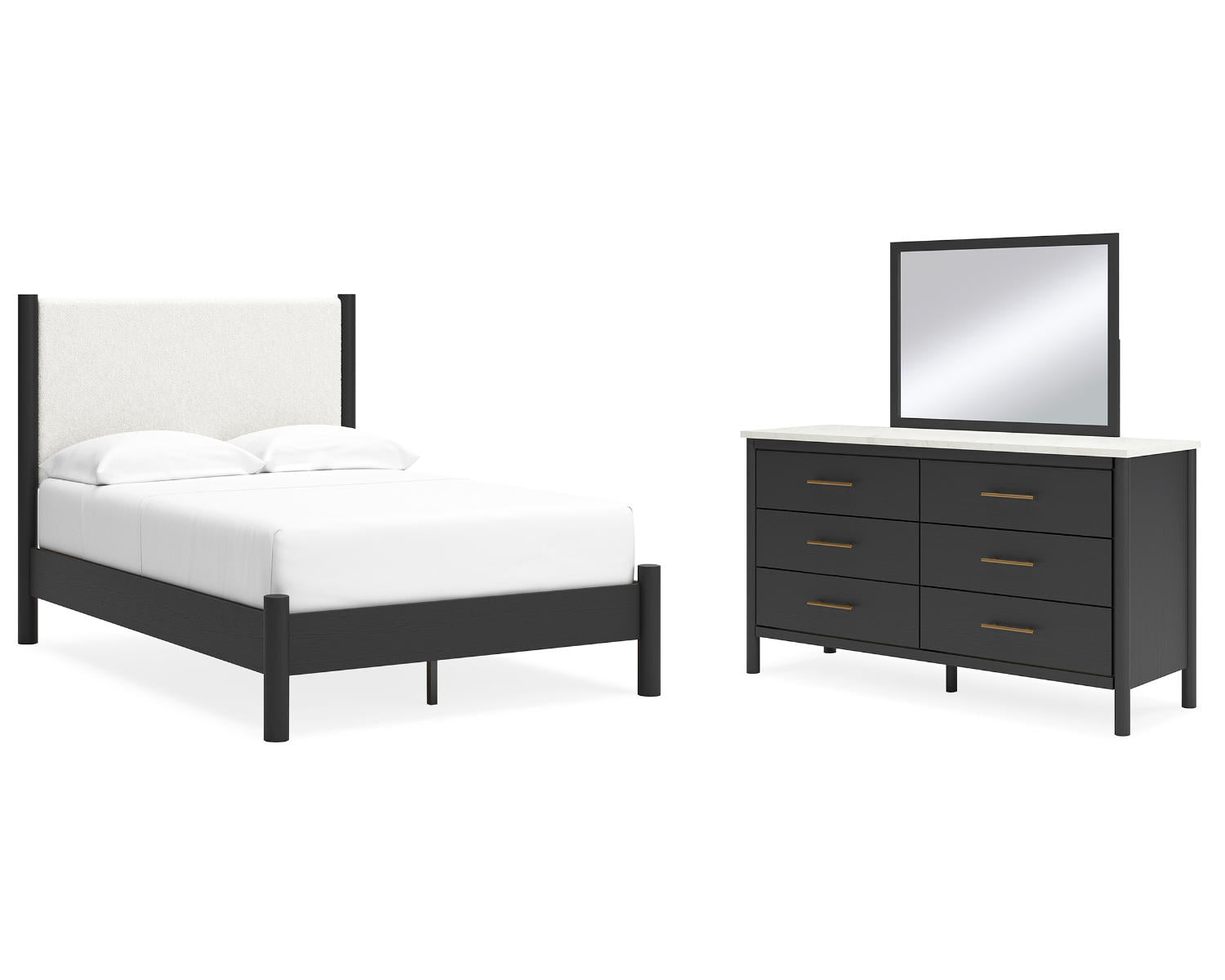 Cadmori Full Upholstered Panel Bed, Dresser and Mirror