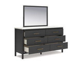 Cadmori Queen Upholstered Panel Bed, Dresser and Mirror
