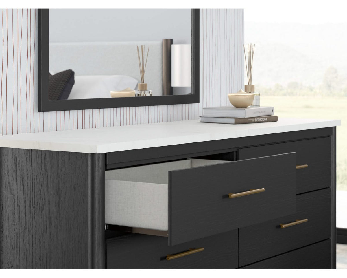 Cadmori Queen Upholstered Panel Bed, Dresser and Mirror