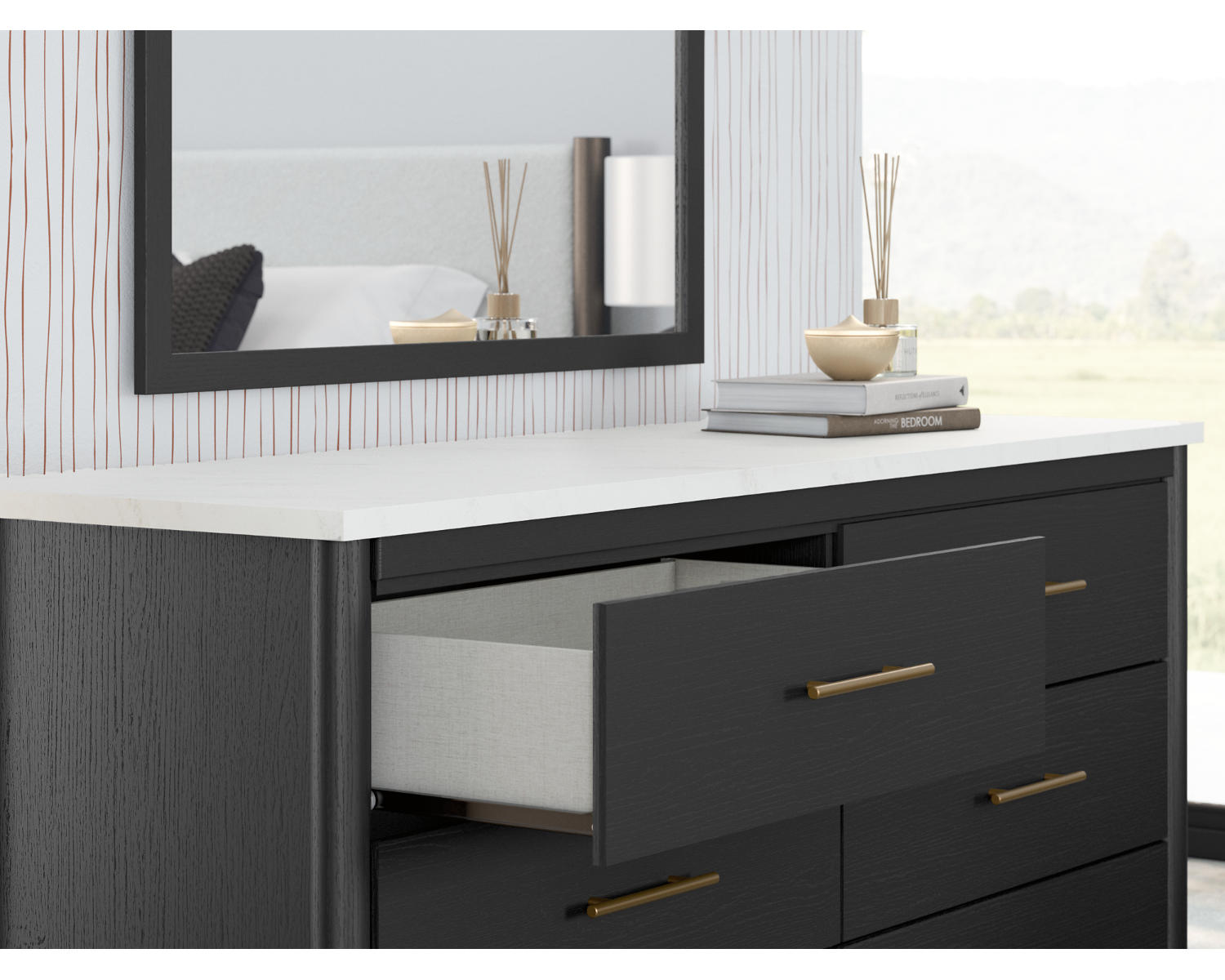 Cadmori Queen Upholstered Panel Bed, Dresser and Mirror