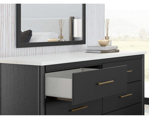 Cadmori Queen Upholstered Panel Bed, Dresser and Mirror