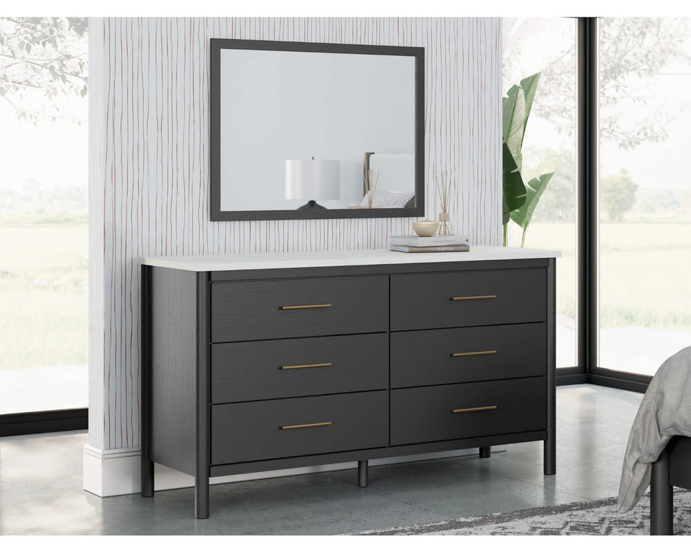 Cadmori Queen Upholstered Panel Bed, Dresser and Mirror