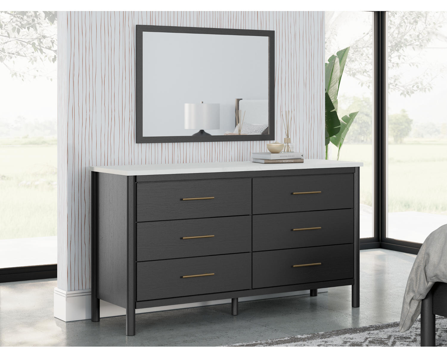 Cadmori Queen Upholstered Panel Bed, Dresser and Mirror