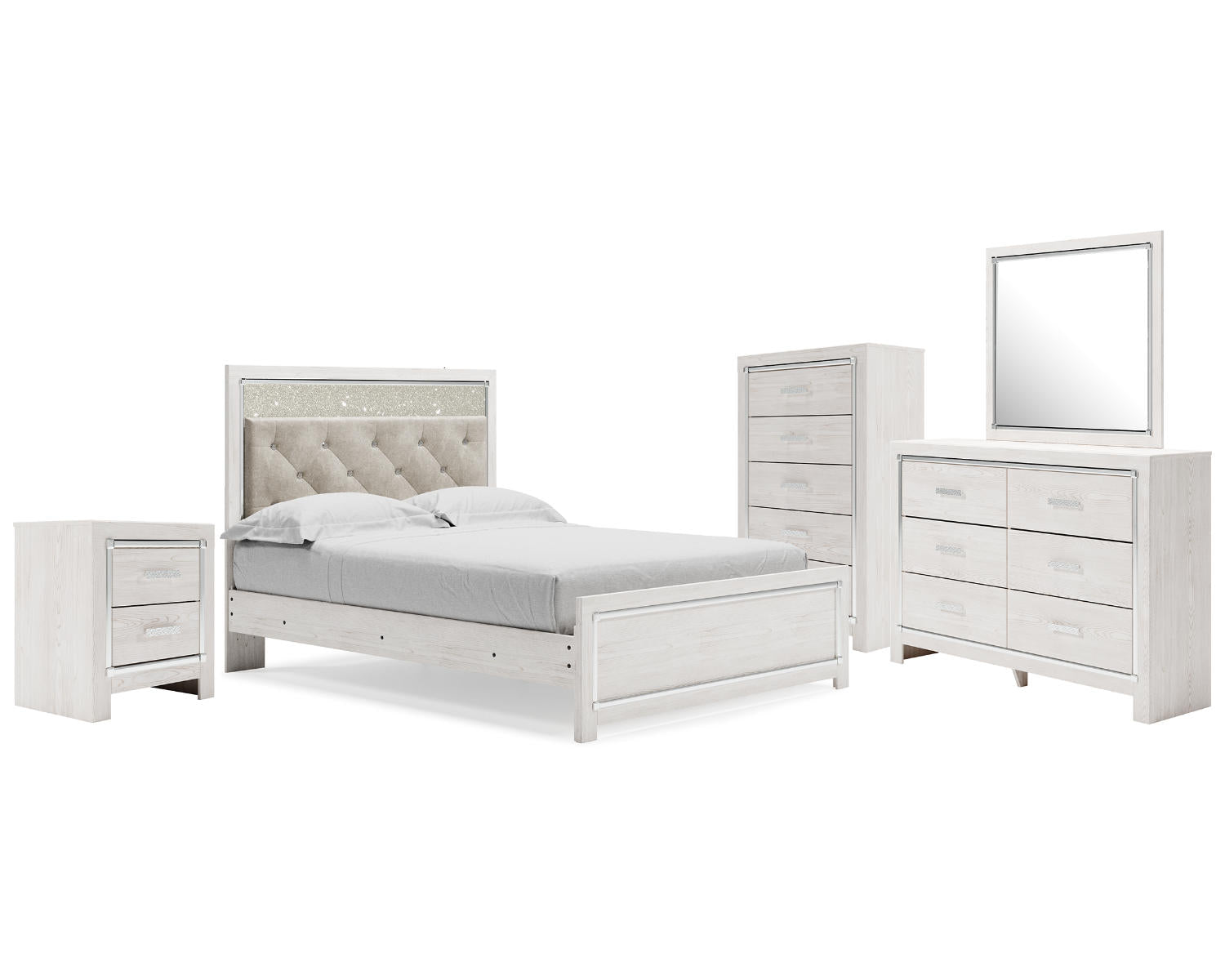 Altyra Queen Upholstered Panel Bed, Dresser, Mirror, Chest and Nightstand