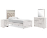 Cama individual Altyra con paneles, cómoda, espejo y mesita de noche